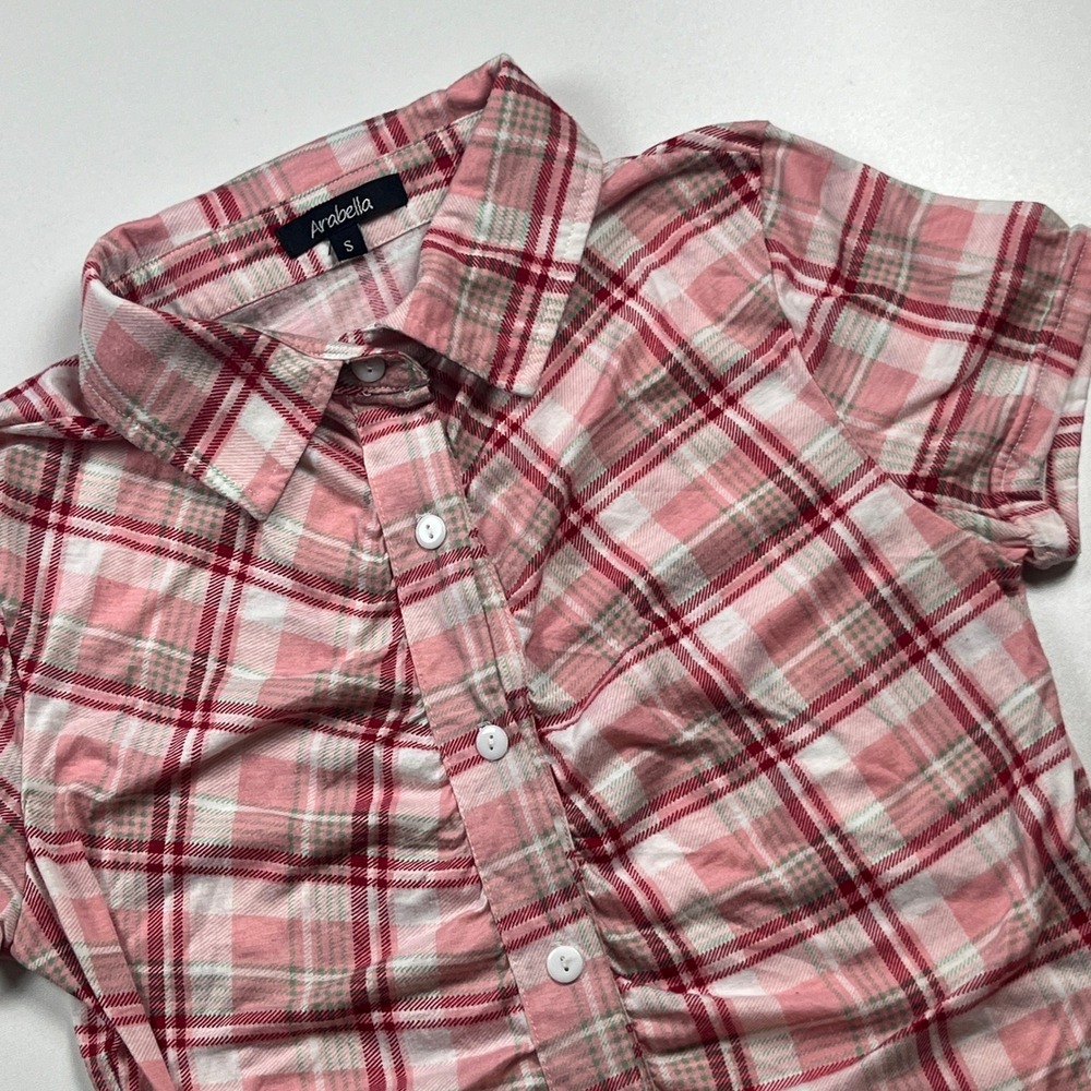 Arabella Plaid Ruched Button Up Short Sleeve Blouse Size S y2k Babydoll Shirt